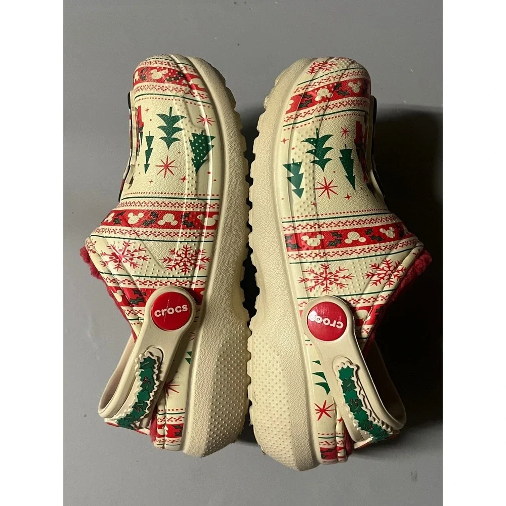Crocs Disney Mickey Mouse Christmas Holiday Fuzz Lined Clogs Cream Red Size C10